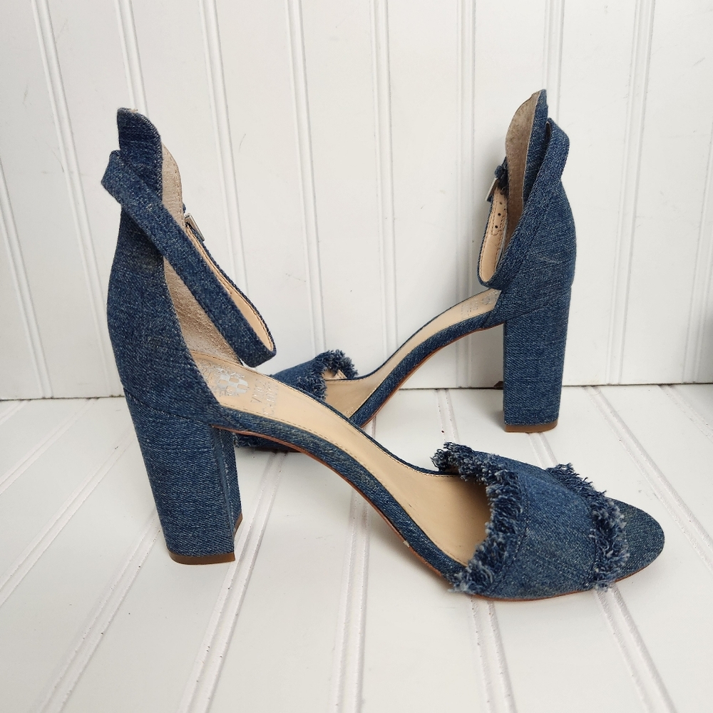 Vince Camuto Corlina Womens Sz 7.5M Mid Blue Frayed Denim Heel Designer Sandals
